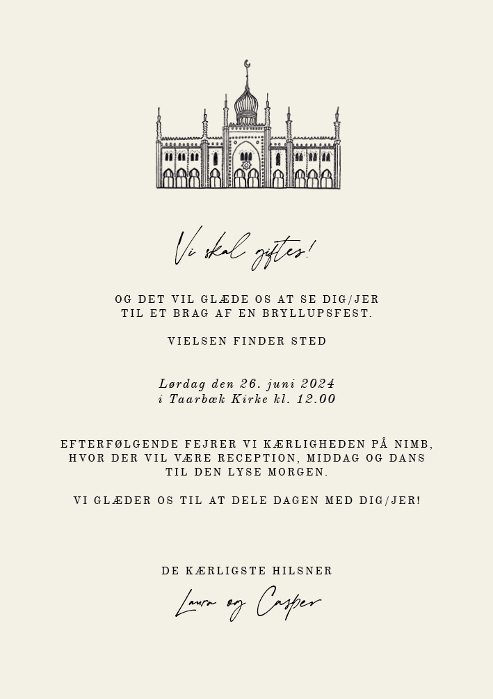 
                Flot og simpel invitation til brudeparret der skal fejre deres store dag på Nimb. I kan på bagsiden indsætte bryllupsprogram eller kontakter til toastmaster, gavekoordinator mm. Til invitationen findes også matchende bordkort, menukort, takkekort m.m.                